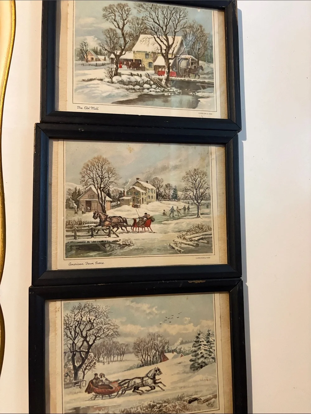 Set of 3 Currier & Ives Framed Winter Scene Wall Art - Black 5x7 Wood Frames